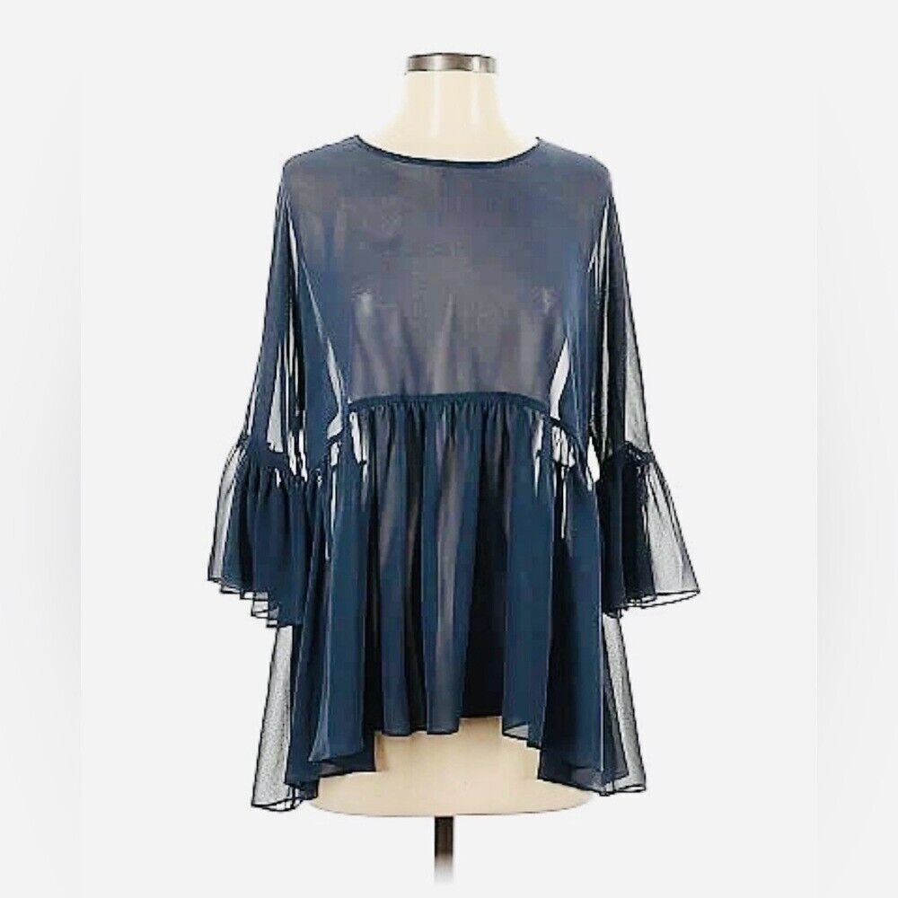 BCBGeneration Sheer‎ Oversized Blouse Women's Small Navy Blue Ruffle 3/4 Sleeves